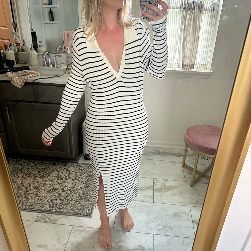 Striped V-Neck Sweater Dress